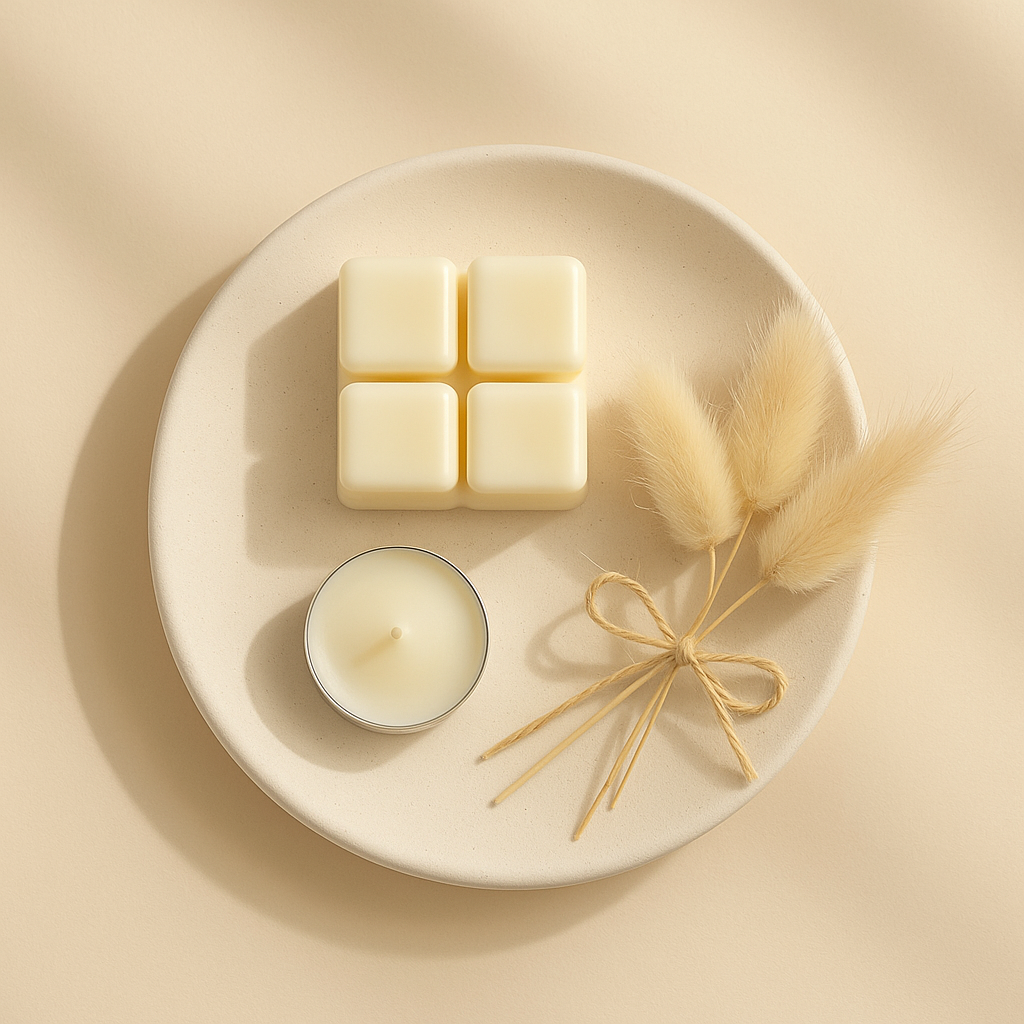 Four square candles and a round candle on a white plate with dried bunny tail on a beige background