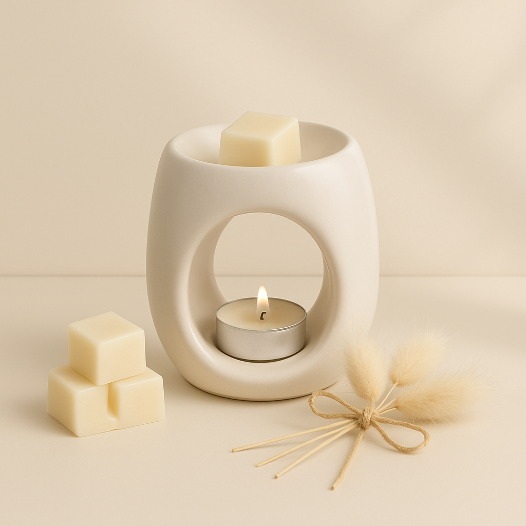White wax melt burner with lit candle and wax melts on a beige background