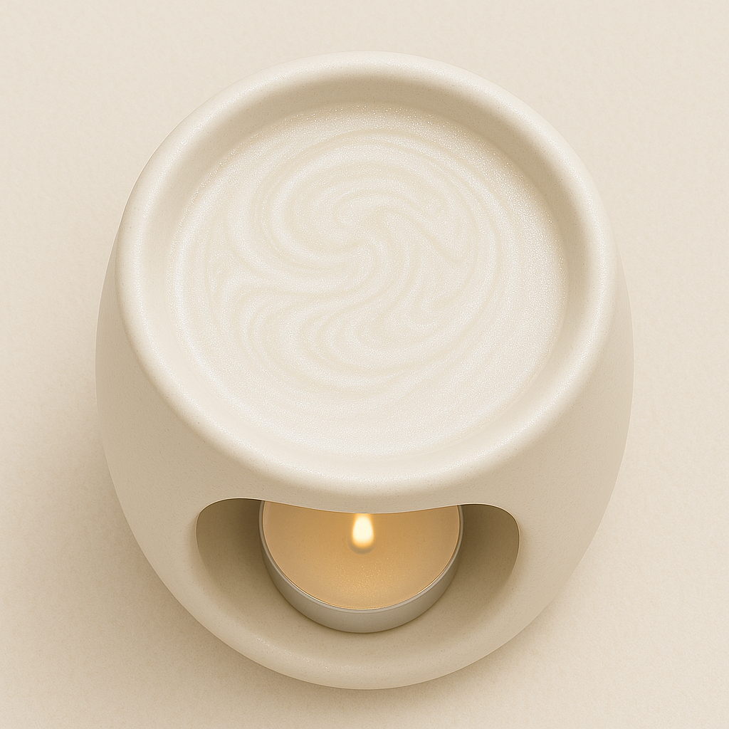 Beige ceramic candle holder with wax melt shimmering, a lit candle inside on a beige background